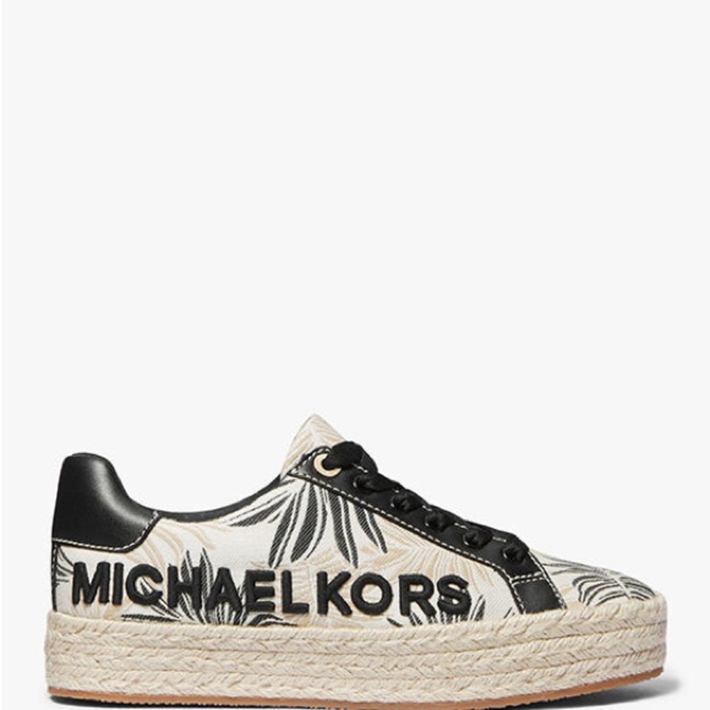 Michael kors womenโs size 9.5M poppy espadrille palm leaves black style shoe
